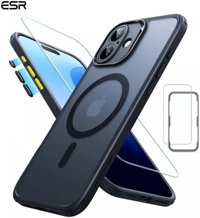 ESR Classic Pro HaloLock Hoesje + Tempered Glass Geschikt voor Apple iPhone 16 | Back Cover Compatibel met MagSafe met Screen Protector | Camera Bescherming | Frosted Zwart
