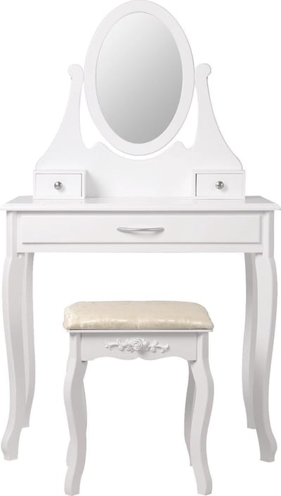 Kaptafel 75x140x40 cm in wit met spiegel, 3 laden & kruk ML-Design