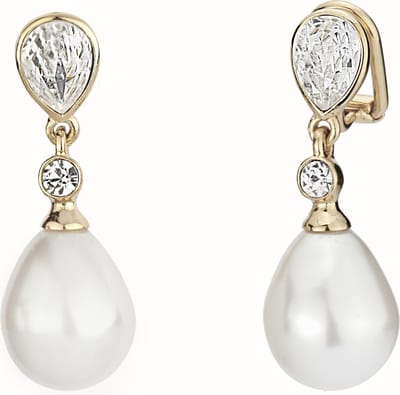 Traveller Clip Oorbellen - Oorclips Dames - Hangers - Goudkleurig - Parels - Kristal - Preciosa Crystals - Parel Wit - Oorhangers 30 mm - 110679