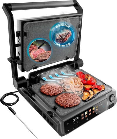 Elektrische Grill - Bakplaat - Smash Burgers Maken - Intelligente Temperatuursonde - 30 x 21 cm - Zwart