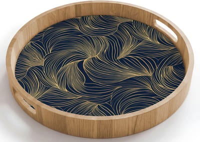 Dienblad rond 40x40 cm - Schootdienblad hout - Abstract - Lijnen - Blauw - Goud - Borrelplank rechthoek - Plateau houten dienbladen