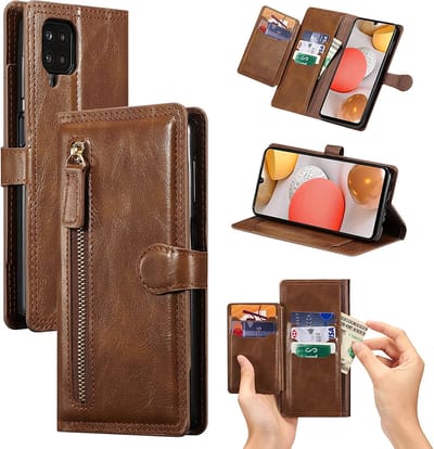 Bookcase Hoesje Geschikt voor: Samsung Galaxy A22 4G met ritssluiting - Flipcover - Magnetisch - 5 kaarten houder - Donkerbruin