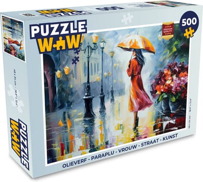 Puzzel Olieverf - Paraplu - Vrouw - Straat - Kunst - Legpuzzel - Puzzel 500 stukjes