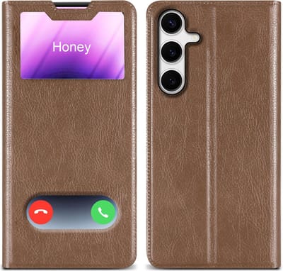 Cadorabo Hoesje geschikt voor Samsung Galaxy S24 in Bruin - Beschermhoes met magnetische sluiting, standfunctie en 2 kijkvensters Book Case Cover Etui