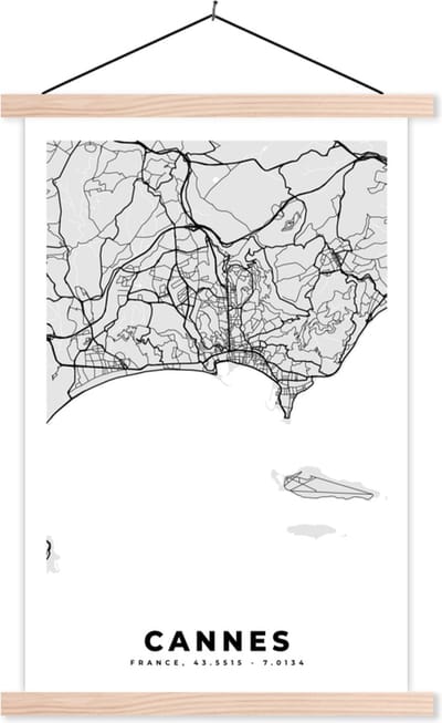 Posterhanger incl. Poster 40x60 cm - Schoolplaat - Frankrijk - Cannes - Stadskaart - Plattegrond - Kaart - Textielposter - Blanke latten - Stadskaart