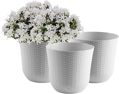 Bloempot/plantenpot - 3x - wit - kunststof - D32 cm - gevlochten mand look - binnen/buiten gebruik