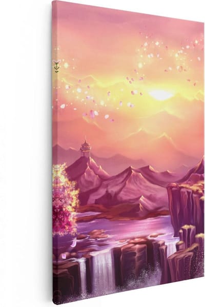 Artaza Canvas Schilderij Zonsondergang Bergen - 20x30 cm - Klein - Wanddecoratie Japandi - Muurdecoratie Bloesem - Kamer Accessoires Waterval