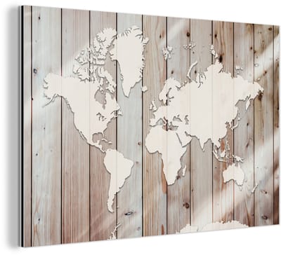 Aluminium schilderij 120x80 cm - Wanddecoratie metaal - Wereldkaart - Hout - Simpel - Metalen muurdecoratie woonkamer - Decoratie industrieel - Foto op dibond - Industriële accessoires slaapkamer