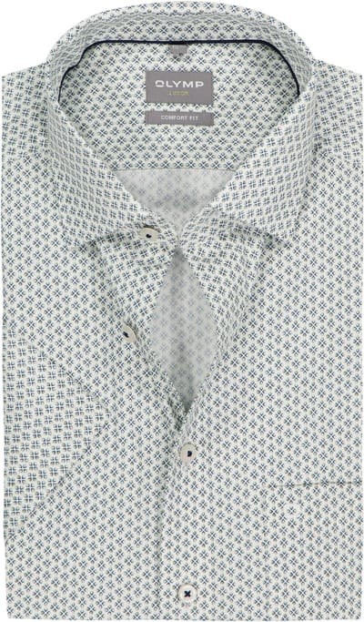 OLYMP Luxor comfort fit overhemd - korte mouw - dobby - wit met groen en blauw dessin - Strijkvrij - Boordmaat: 44 (EU maat: XL)