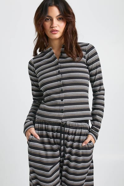 boohoo Dames Gestreepte geribbelde top met knoopsluiting en lange mouwen | Zwart | Maat: 44
