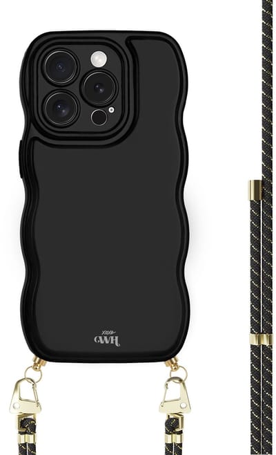 xoxo Wildhearts Glossy Wavy Cord Case Black - Gold Goddess - geschikt voor iPhone 13 Pro - hoesje met koord - telefoonkoord met gouden details - golvend hoesje - silicone case - schokbestendig - zwart