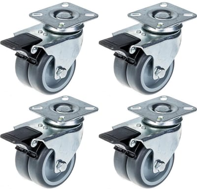 75 mm (3 inch) dubbelwielige zwenkwielen met grijs rubber en rem, draagvermogen 400 kg, set van 4