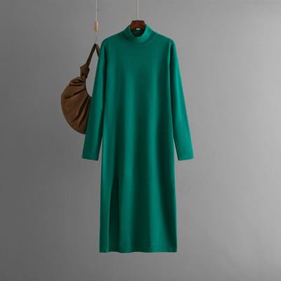 Gebreide jurk met halve hoge hals voor dames, effen kleur, split, lange mouwen, basis, lange broek, wollen jurk One Size