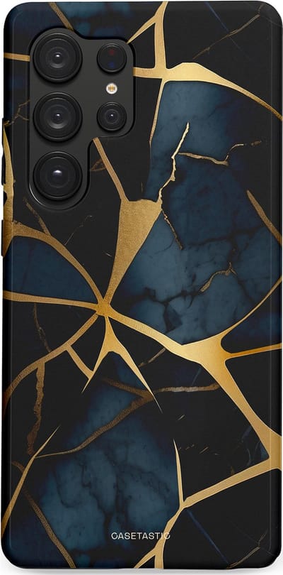 Casetastic hoesje geschikt voor Samsung Galaxy S25 Ultra - Dubbellaagse bescherming - Sterrennacht Marmer Goud - Fashion Case - Zwart Goud Donkerblauw