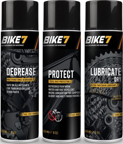 Bike7 "Voordeelpakket" Degrease 500 ml + Protect 500ml + Lubricate Dry 500ml