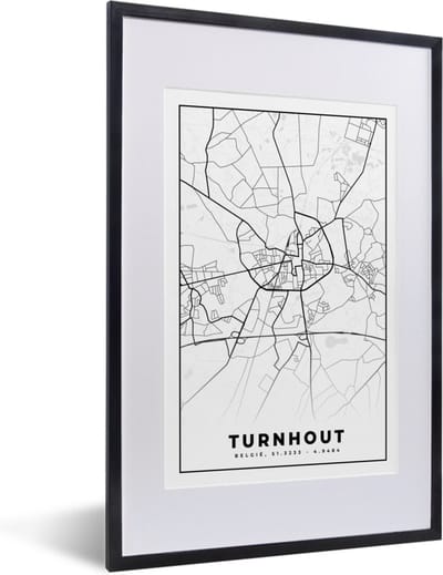 Fotolijst incl. Poster Zwart Wit- Stadskaart – Zwart Wit - Kaart – Turnhout – België – Plattegrond - 40x60 cm - Posterlijst