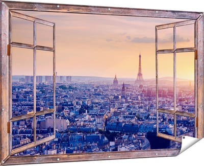 Gards Tuinposter Doorkijk Skyline van Parijs tijdens Zonsondergang - 180x120 cm - Tuindoek - Tuindecoratie - Wanddecoratie buiten - Tuinschilderij
