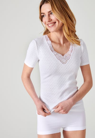 Damart - T-shirt met korte mouwen en opengewerkt breiwerk Thermolactyl - Dames - Wit - XS