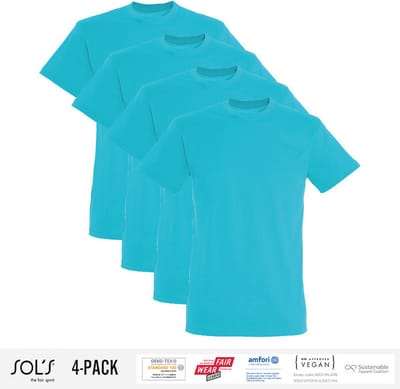4 Pack Sol's Heren T-Shirt 100% biologisch katoen Ronde hals Lichtblauw Maat S