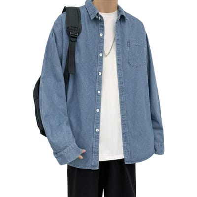 Chemise-manteau Homme Printemps Été Col rabattu Manches longues Cardigan monopoche Poche poitrine ample Couleur unie École Quotidien D M bleu foncé