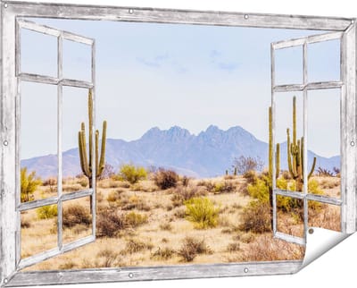 Gards Tuinposter Doorkijk Cactussen in de Woestijn - 150x100 cm - Tuindoek - Tuindecoratie - Wanddecoratie buiten - Tuinschilderij