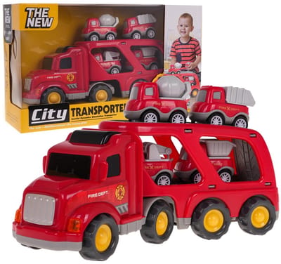 Playos® - Transportwagen Brandweer - met 4 Voertuigen - Transportwagen - met Licht en Geluid - Brandweerwagen - Speelgoedvoertuig - Speelgoed Auto - Sinterklaas