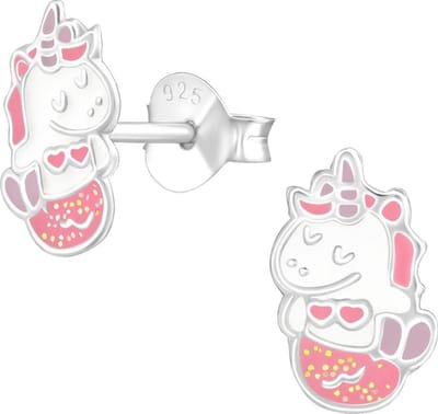 Fako Bijoux® - Kinderoorbellen - 925 Zilver - Eenhoorn - Unicorn - Mermicorn - 6x10mm - Roze Glitter