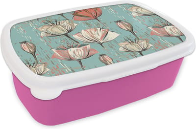 Broodtrommel Roze - Lunchbox - Brooddoos - Vintage - Bloem - Flora - 18x12x6 cm - Kinderen - Meisje