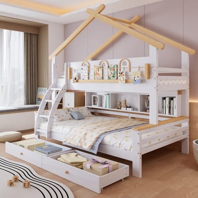 FloraGrace Stapelbed 90x200/120x200 cm - Schuine Trap en 2 Laden - Met Opbergruimte - Voor Kinderkamer - Hout en MDF - Wit/Naturel - Zonder Matras