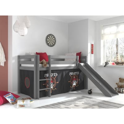 LUCEVI - Pino Halfhoogslaper H115CM + Ladder + Glijbaan + Pirates Gordijntjes - Grijs - 90x200 cm