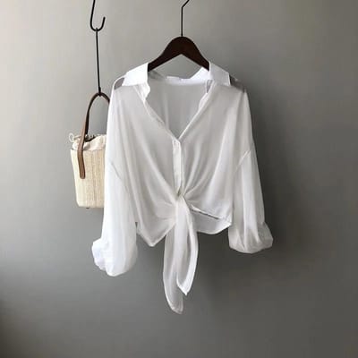 Korte Chiffon Zonbescherming Shirt Kooi Mouw Dunne Jas Dames Bovenkleding Blouse Losse Doorschijnende Top Witte Polo Kraag Shirt XL