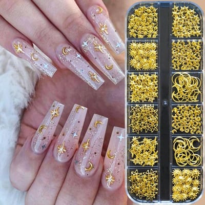 12 Vakjes Goud Maan Ster Metaal Kleurig Nail Charms 3D Y2K Sieraden Strass Stalen Bal Nagelkunst Decoratie Manicure Benodigdheden Diy Nagel Benodigdheden goud