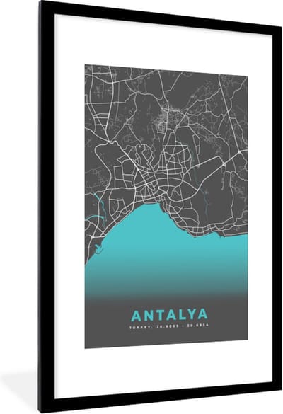 Fotolijst incl. Poster - Antalya - Stadskaart - Plattegrond - Kaart - Blauw - 80x120 cm - Posterlijst