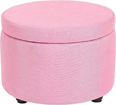 Ronde Poef - Voetsteun Opberger - Woonkamer Decoratie - Katoen Linnen Stof - Met Dienblad - Rosa