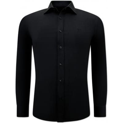 Heren Blouse met Lange Mouwen - Slim Fit Overhemd Heren - Formele Oxford Business Overhemd Heren - Zwarte Blouse Heren - Zwart