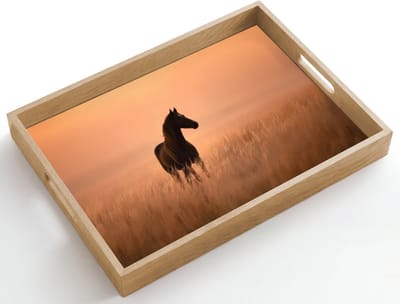 Dienblad hout 50x35 cm - Schootdienblad - Paard - Grasveld - Zonsondergang - Borrelplank rechthoek - Plateau dienbladen
