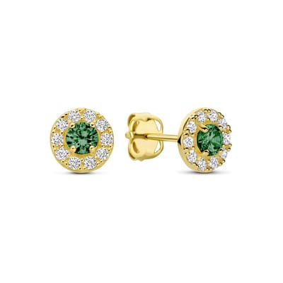 9NBG-0974 - New Bling - Oorbel met witte en groene zirkonia - 14kt geelgoud - 5.4 x 5.4 mm