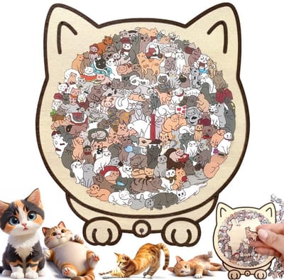 Dailygoods- Houten Puzzel Volwassenen - Dierenpuzzel - Kattenpuzzel - 75 Stukjes - Morandi Kleuren - Unieke Vorm