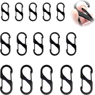 S-Karabijnhaak Set - Zwart - 15 Stuks - 3 Maten - Dubbele Sluiting - Zinklegering - Karabijnhaak S-Vorm - Outdoor & Kamperen - Sleutelhanger - Lichtgewicht