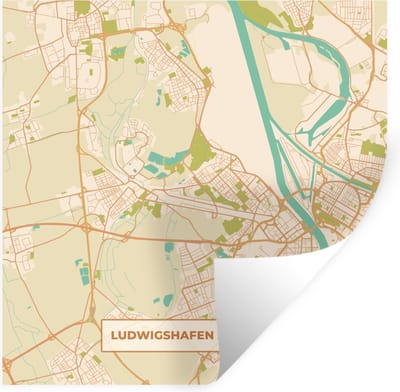 Muurstickers - Sticker Folie - Ludwigshafen am Rhein - Vintage - Stadskaart - Plattegrond - Kaart - 100x100 cm - Plakfolie - Muurstickers Kinderkamer - Zelfklevend Behang XXL - Zelfklevend behangpapier - Stickerfolie