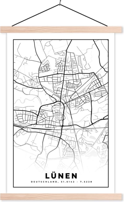 Posterhanger incl. Poster 40x60 cm - Schoolplaat - Lünen - Plattegrond - Kaart - Stadskaart - Textielposter - Blanke latten - Stadskaart