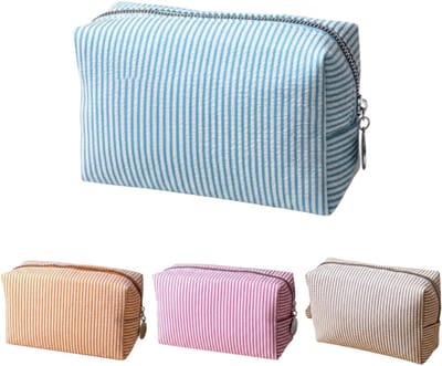 VHV - Make-uptasje - Toilettas - Make-up organizer - Set van 4 - Gestreept - Met ritssluiting - Voor op reis en vakantie - Cosmetica tasje - 18*7*11cm - Lichtblauw*1 + Oranje*1 + Roze*1 + Donker kaki*1