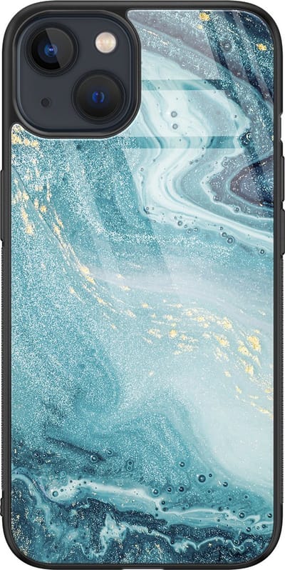 Hoesje geschikt voor iPhone 13 - Marmer blauw - Luxe Glazen Hardcase - Marmer - Blauw - Leuke Telefoonhoesjes