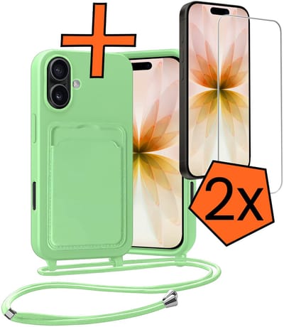 Hoesje Geschikt voor iPhone 17 Hoesje Met Telefoonketting Pasjeshouder Case Met 2x Screenprotector Koord - Hoesje Geschikt voor iPhone 17 Hoes Met Kaarthouder - Groen