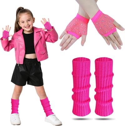 Kleurrijke Legwarmers en Vissenet Handschoenen voor Meisjes - Perfecte Accessoires voor 80s Thema Feestjes en Kostuums