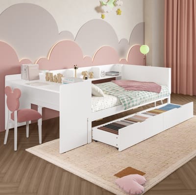 MEUNIQ eenpersoons bed 90x200 cm met bureau, 2 lades, planken en uitvalbeveiliging, houten kajuitbed voor kinderkamer of slaapkamer, wit