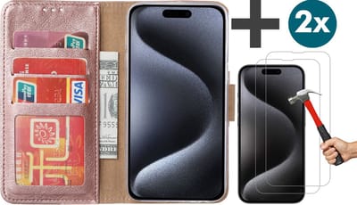 Hoesje met 2 Stuks Screenprotectors Geschikt voor iPhone 15 Pro – Arara bookcase met pasjeshouder - Rosegoud