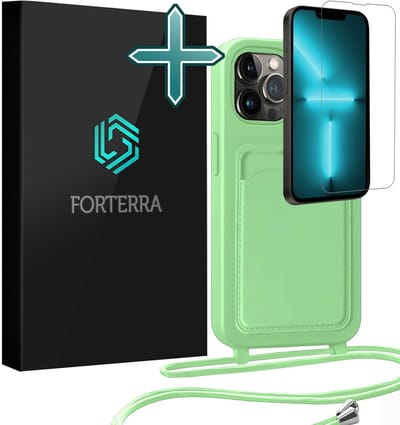 Hoesje Geschikt voor iPhone 13 Pro Pashouder Case Siliconen Hoes Met Koord Met Screenprotector - Hoes Geschikt voor iPhone 13 Pro Met Telefoonkoord Hoesje Back Cover Met Pasjeshouder - Groen