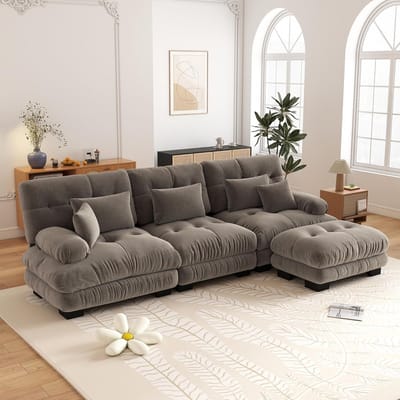 3-Zits Bank, L-Bank, Luxe Modulaire Hoekbank - Extra Grote L-vormige 'cloud' Bank voor de Woonkamer, Diepe Slaapbank met Voetenbank, Hoekslaapbank, Corduroy, Chenille Bruin, Comfortabele Woonbank-Bruin