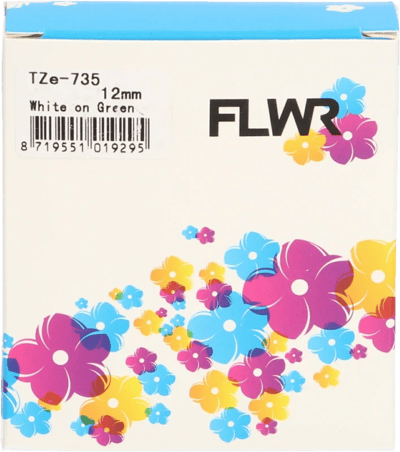 FLWR - Lettertape / TZE-735 / Wit op Groen - Geschikt voor Brother